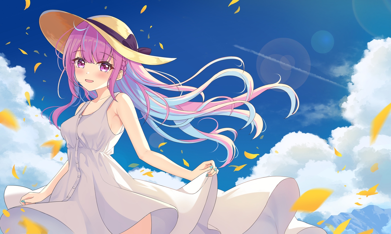 braids, clouds, dress, hat, hololive, icwine, long_hair, minato_aqua, petals, purple_eyes, purple_hair, sky, summer_dress