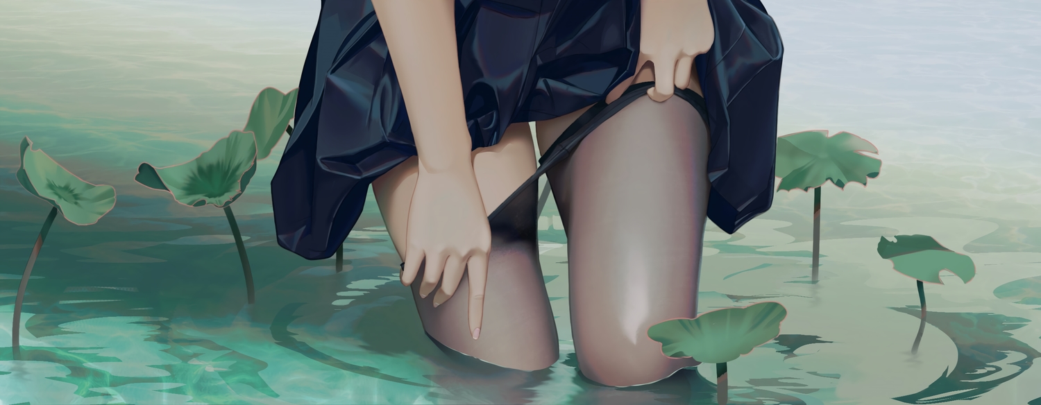 close, leaves, original, pantyhose, qizhu, skirt, skirt_lift, undressing, water