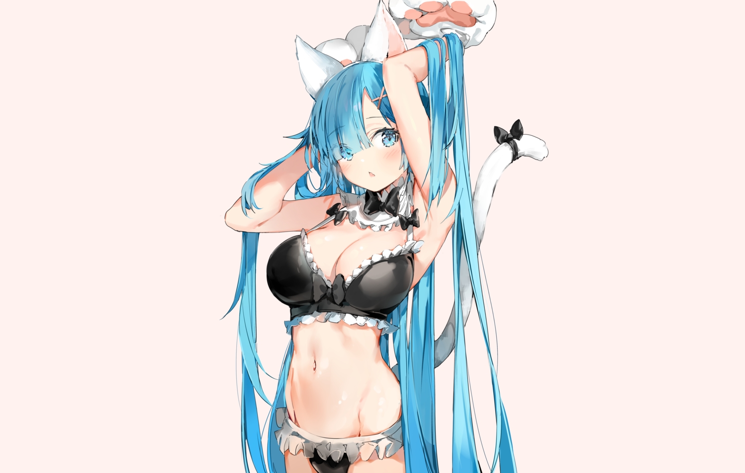 animal_ears, aqua_eyes, aqua_hair, blush, bow, bra, breasts, catgirl