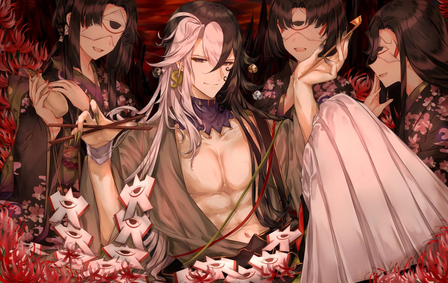 ashiya_douman, bell, black_eyes, black_hair, doll, drink, fate/grand_order, fate_(series), flowers, group, japanese_clothes, kimono, long_hair, male, mask, open_shirt, paper, puppet, purionpurion, sake, short_hair, wristwear
