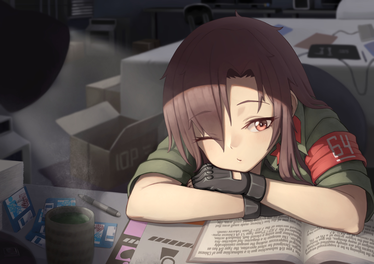 anidante, anthropomorphism, blush, book, brown_hair, drink, girls_frontline, gloves, paper, red_eyes, type_64_(girls_frontline), wink