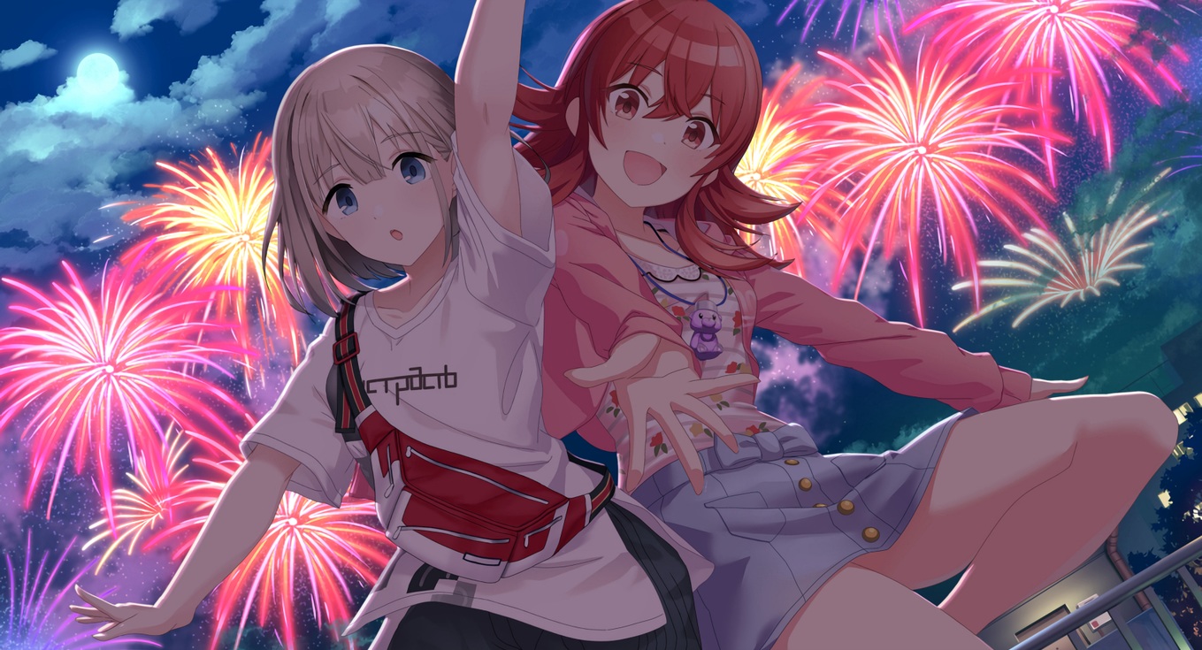 2girls, blue_eyes, brown_hair, building, clouds, fireworks, hood, idolmaster
