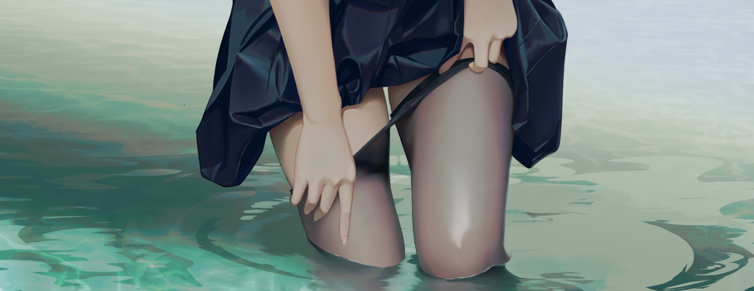 close, leaves, original, pantyhose, qizhu, skirt, skirt_lift, undressing, water