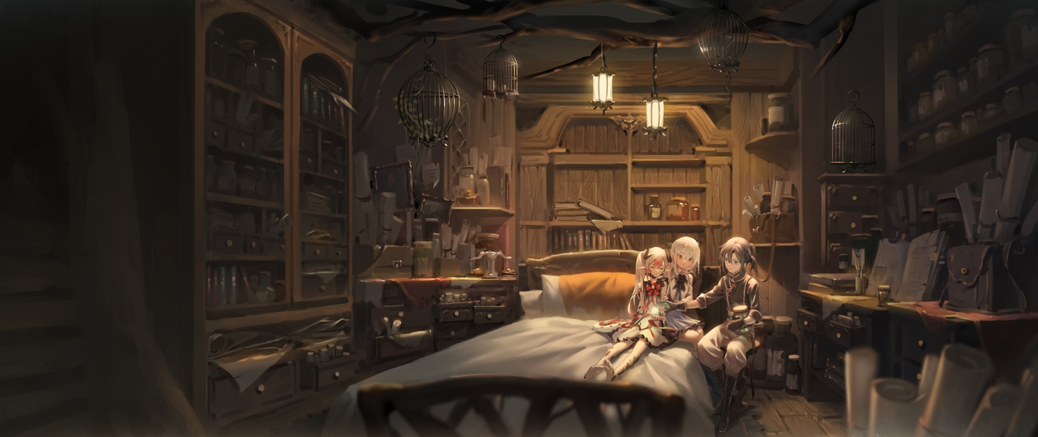 bed, book, dark, long_hair, male, original, paper, pointed_ears