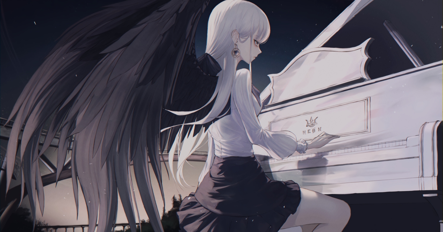 gothic, instrument, long_hair, neon_(pixiv_31150749), original, piano, shirt, skirt, white_hair, wings