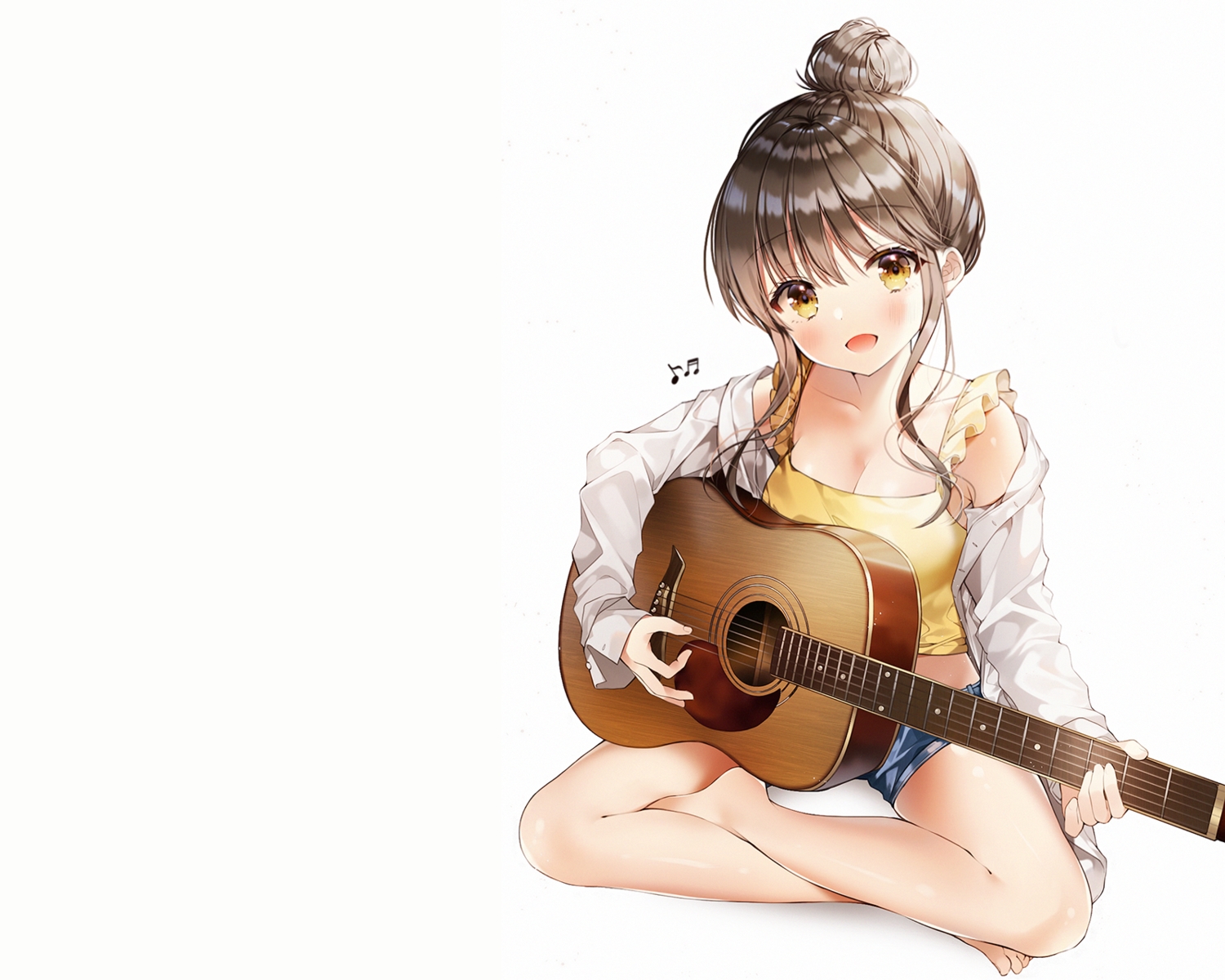 breasts, brown_hair, cleavage, guitar, instrument, music, open_shirt, original