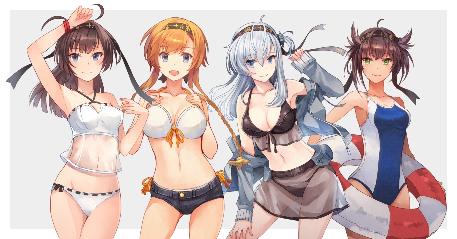 akizuki_(kancolle), anthropomorphism, bikini, braids, breasts, cleavage, group, hatsuzuki_(kancolle), kantai_collection, kasumi_(skchkko), long_hair, navel, see_through, short_hair, skirt, suzutsuki_(kancolle), swim_ring, swimsuit, teruzuki_(kancolle)