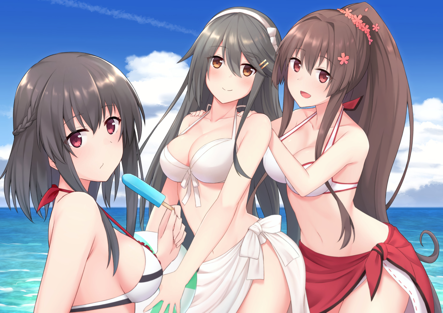 akahi242, anthropomorphism, beach, bikini, brown_hair, haruna_(kancolle), kantai_collection, long_hair
