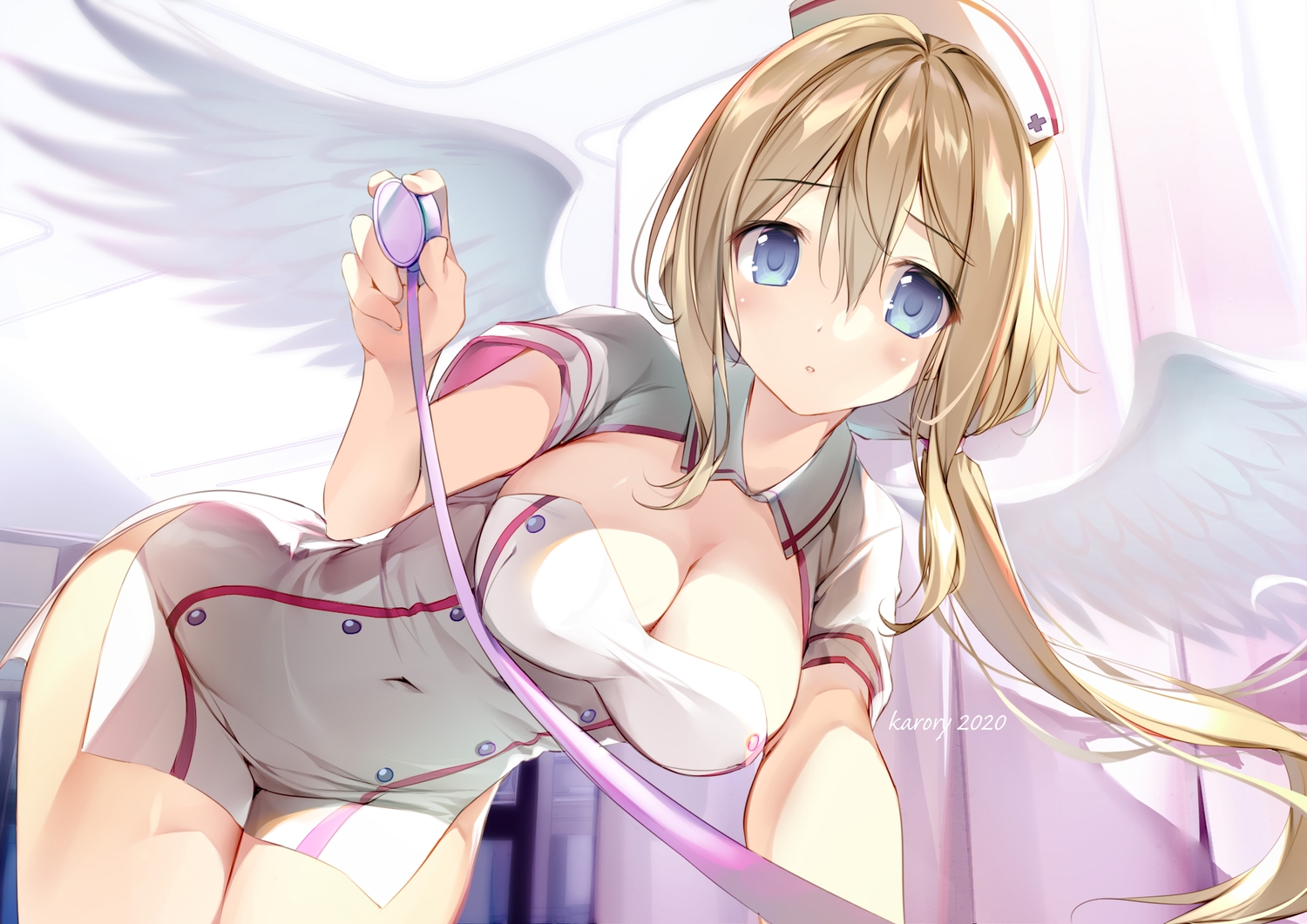 angel, blonde_hair, blue_eyes, breasts, cleavage, karory, nurse, original