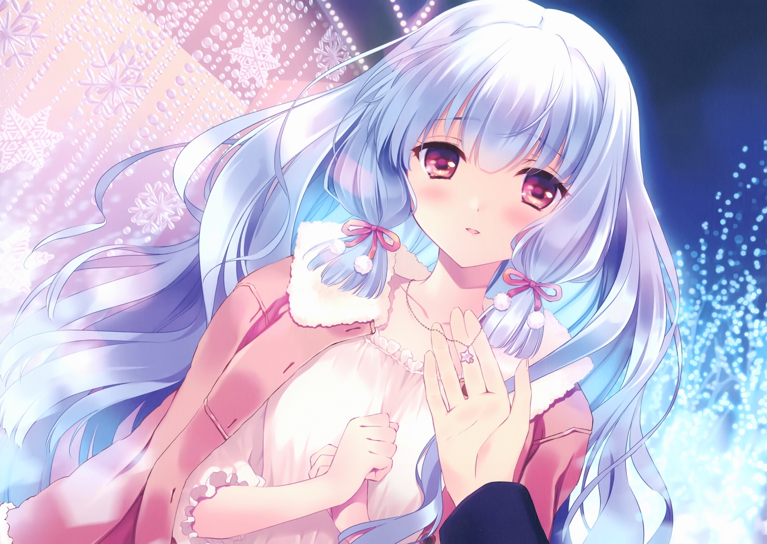 anthropomorphism, cape, carnelian, gray_hair, kantai_collection, long_hair, murakumo_(kancolle), necklace, red_eyes, scan, winter