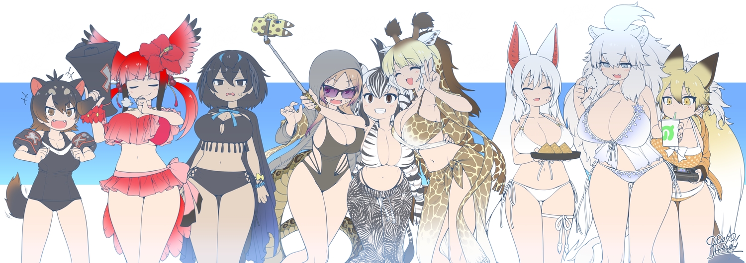 african_rock_python_(kemono_friends), animal_ears, anthropomorphism, bikini, black_eyes, black_hair, blonde_hair, blush, breasts, brown_eyes, camera, cape, catgirl, cat_smile, chapman's_zebra_(kemono_friends), cleavage, dark_skin, drink, fang, feathers, flowers, food, foxgirl, game_console, garter, greater_bird-of-paradise_(kemono_friends), group, hood, hug, kemono_friends, long_hair, oinari-sama_(kemono_friends), phone, red_fox_(kemono_friends), red_hair, reticulated_giraffe_(kemono_friends), scarlet_ibis_(kemono_friends), short_hair, signed, sunglasses, swimsuit, tail, tasmanian_devil_(kemono_friends), twintails, white_hair, white_lion_(kemono_friends), wristwear, yellow_eyes, yoshida_hideyuki
