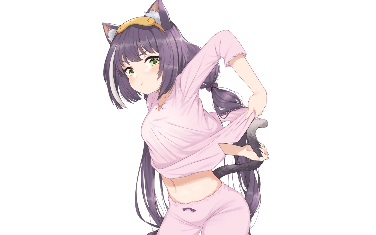 animal_ears, blush, catgirl, green_eyes, karyl, long_hair, mask, navel, niizuka_(c-drop), pajamas, princess_connect!, purple_hair, shirt_lift, tail, twintails, white