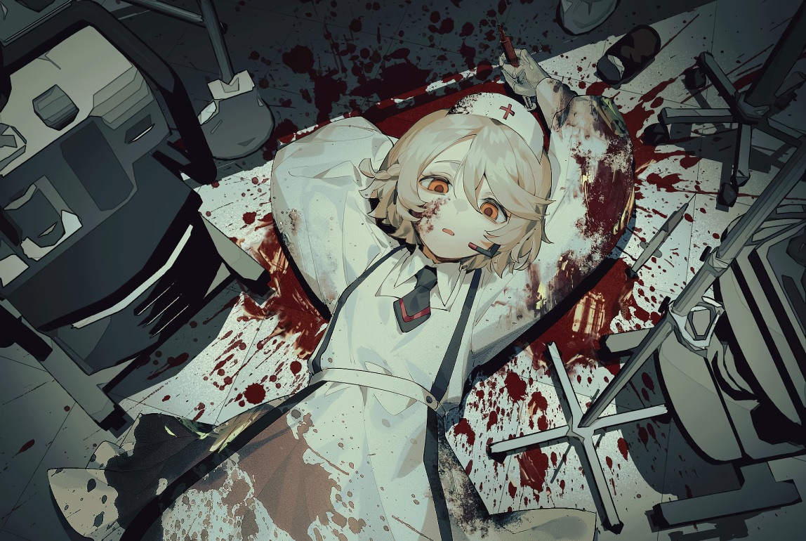 aliasing, apron, blonde_hair, blood, gloves, headdress, microphone, nurse, orange_eyes, original, short_hair, suteinua, tie
