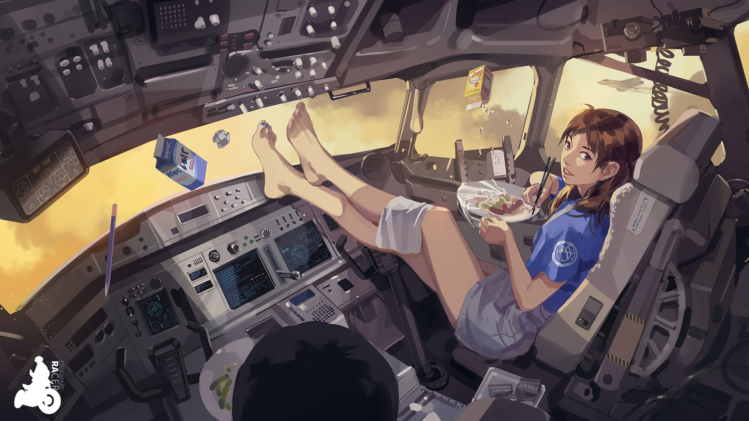 86_(nononononoway), aircraft, barefoot, brown_eyes, brown_hair, food, original
