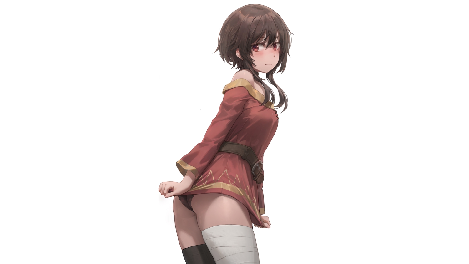 ass, bandage, brown_hair, dress, kono_subarashii_sekai_ni_shukufuku_wo!, megumin, panties, red_eyes