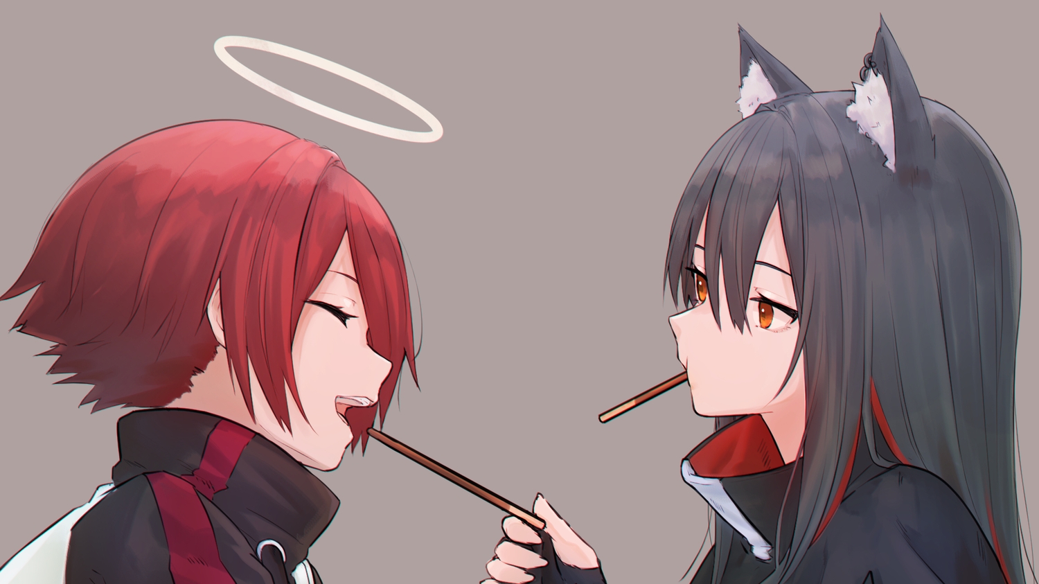 2girls, amopui, animal_ears, arknights, black_hair, exusiai_(arknights), food, gray, halo, long_hair, orange_eyes, pocky, red_hair, short_hair, texas_(arknights), wolfgirl