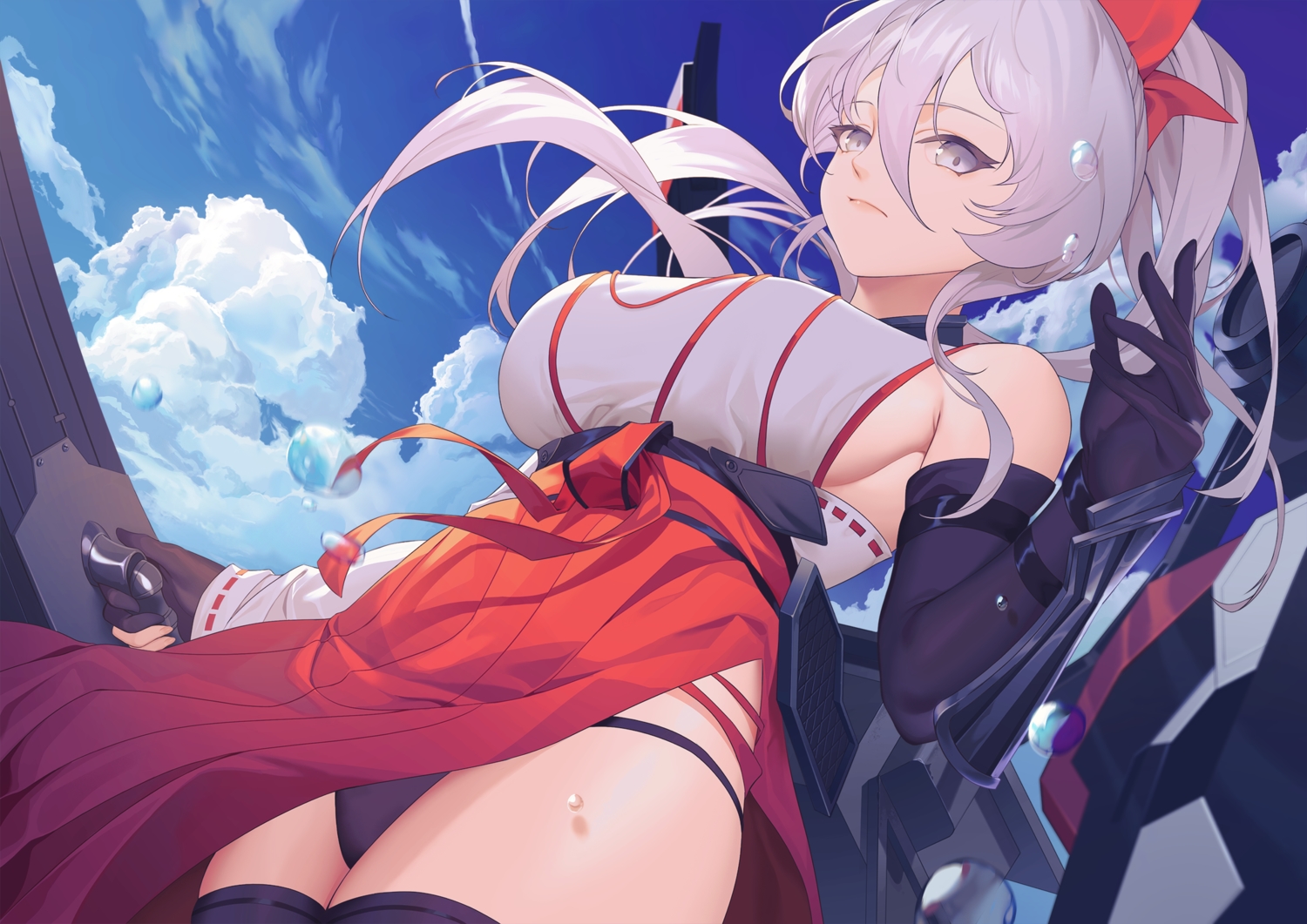 anthropomorphism, blue_oath, breasts, clouds, elbow_gloves, gloves, gray_eyes, gray_hair