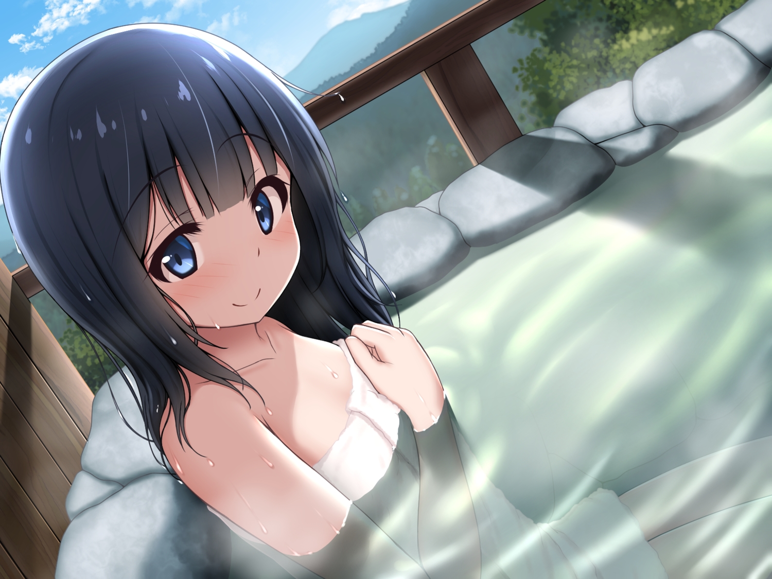 arisu_kazumi, black_hair, blue_eyes, blush, loli, long_hair, onsen, original, towel, water, wet