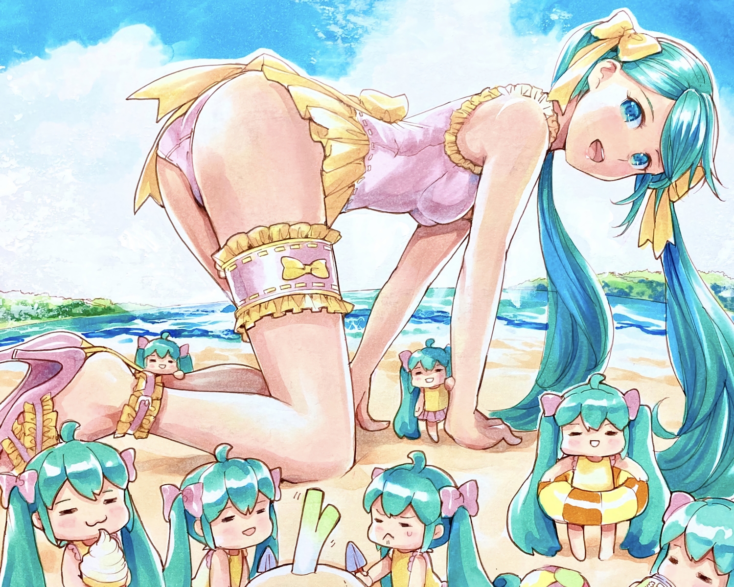 aqua_eyes, aqua_hair, beach, bow, cat_smile, chibi, clouds, cropped