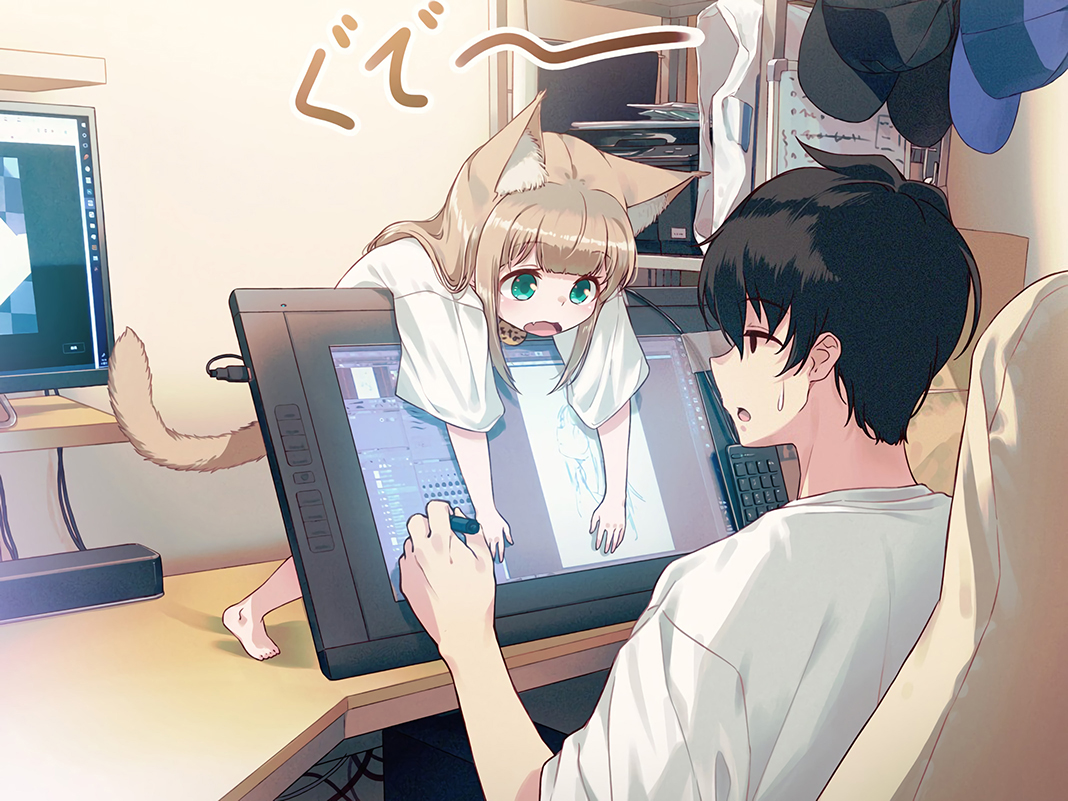 40hara, animal_ears, brown_hair, catgirl, choker, computer, cropped, fang