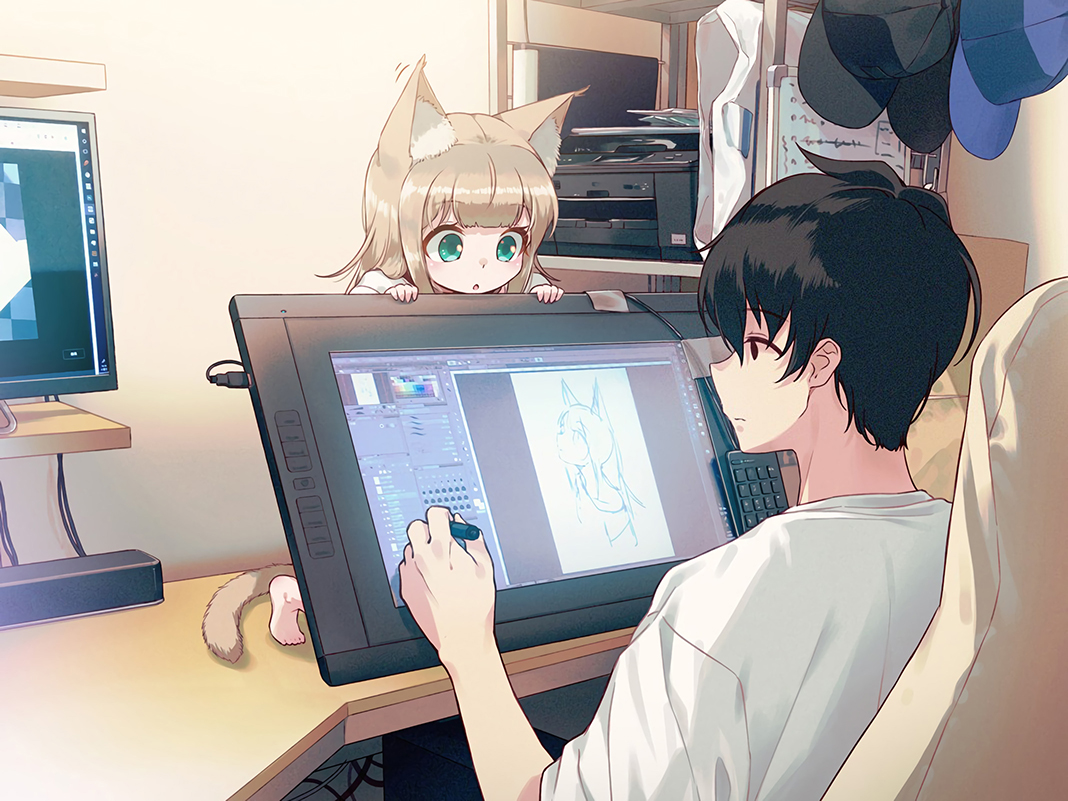 40hara, animal_ears, brown_hair, catgirl, choker, computer, cropped, fang