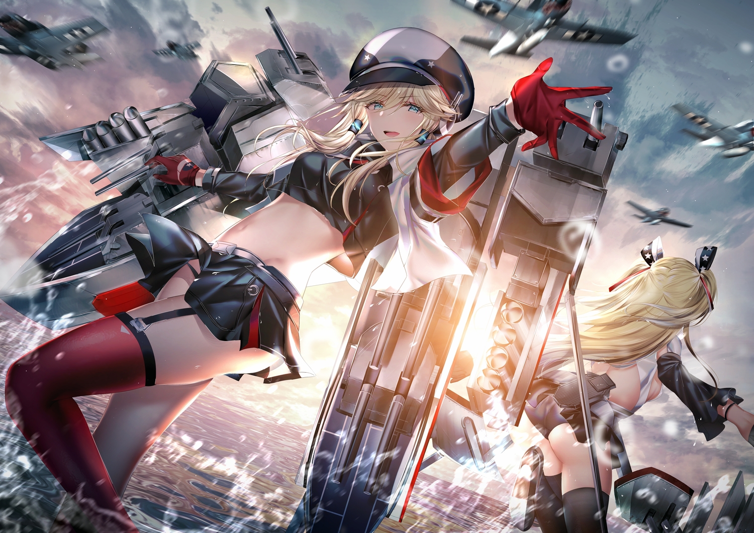 aircraft, anthropomorphism, aqua_eyes, blonde_hair, blue_oath, clouds, combat_vehicle, garter_belt, gloves, hat, junpaku_karen, long_hair, navel, oakland_(blue_oath), panties, saratoga_(blue_oath), sky, thighhighs, twintails, underwear, water