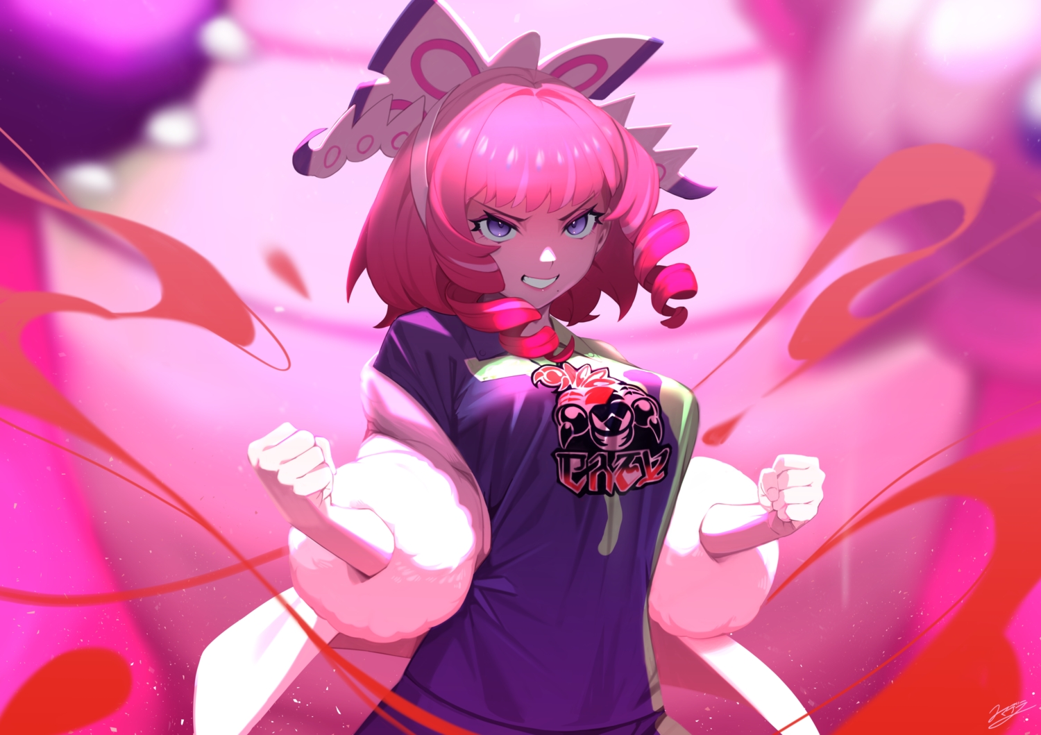 headband, klara_(pokemon), komadera, magic, pink_hair, pokemon, purple_eyes, short_hair, signed