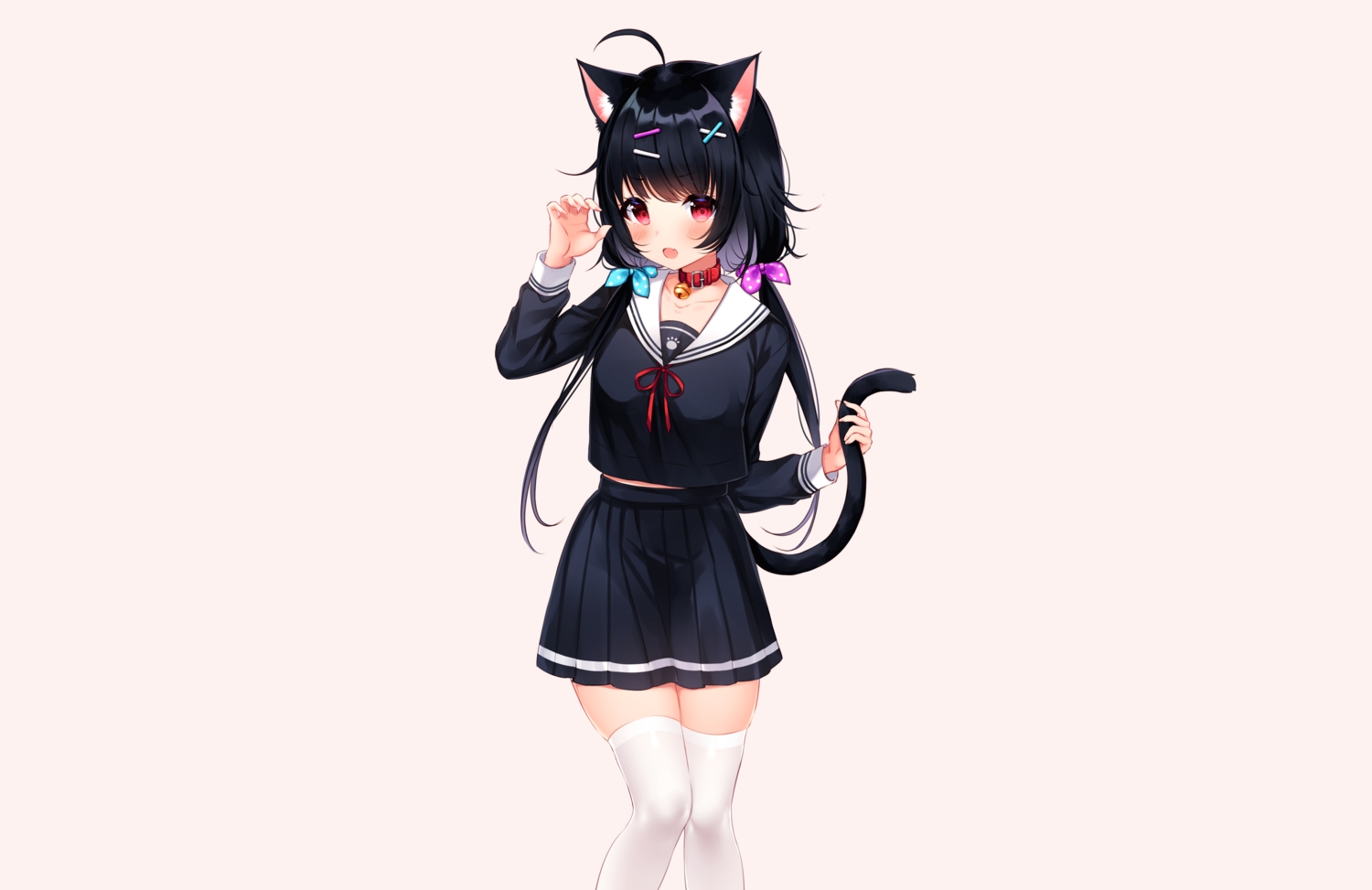 animal_ears, bell, black_hair, blush, brown, catgirl, collar, fang
