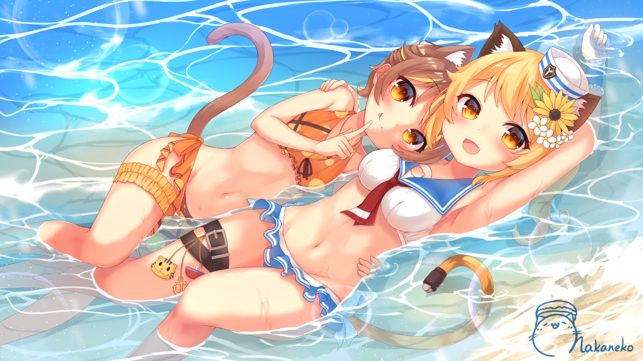 2girls, aliasing, animal_ears, annin_miru, annin_miru_channel, beach, bikini, blonde_hair