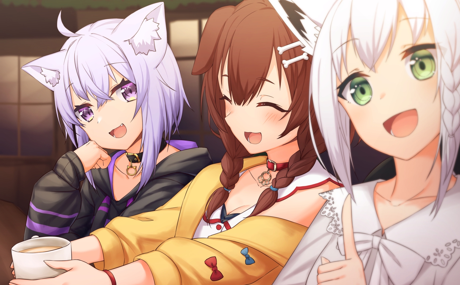 animal_ears, blush, braids, breasts, brown_hair, catgirl, cat_smile, cleavage, collar, doggirl, drink, eliot_c_f, fang, foxgirl, green_eyes, hololive, inugami_korone, nekomata_okayu, purple_eyes, purple_hair, shirakami_fubuki, twintails