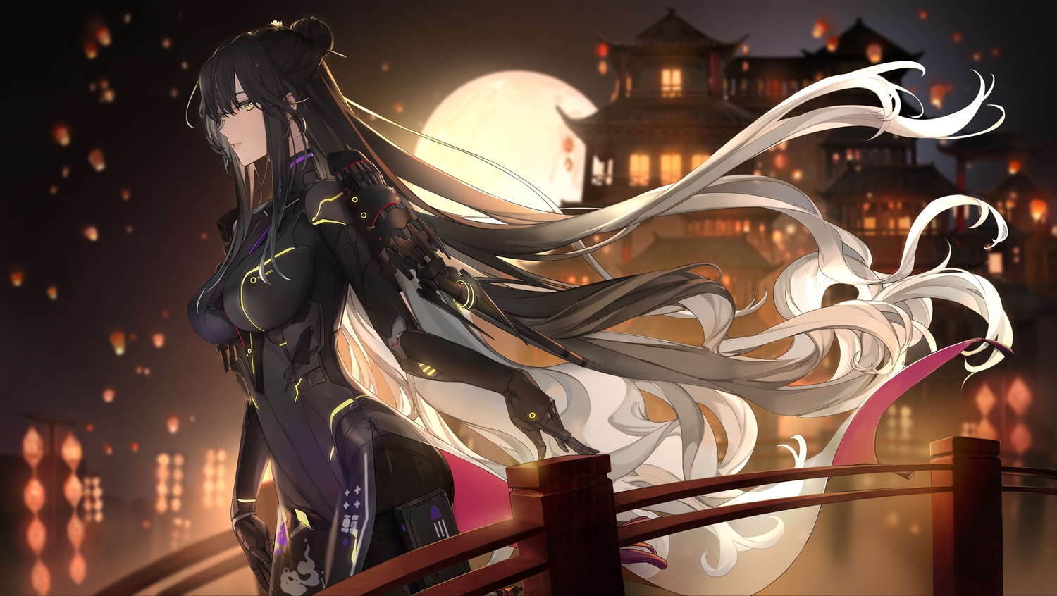 armor, bianca_(pgr), black_hair, bodysuit, building, long_hair, moon, night, noir_(ibaraki), punishing:_gray_raven, see_through, skirt, yellow_eyes