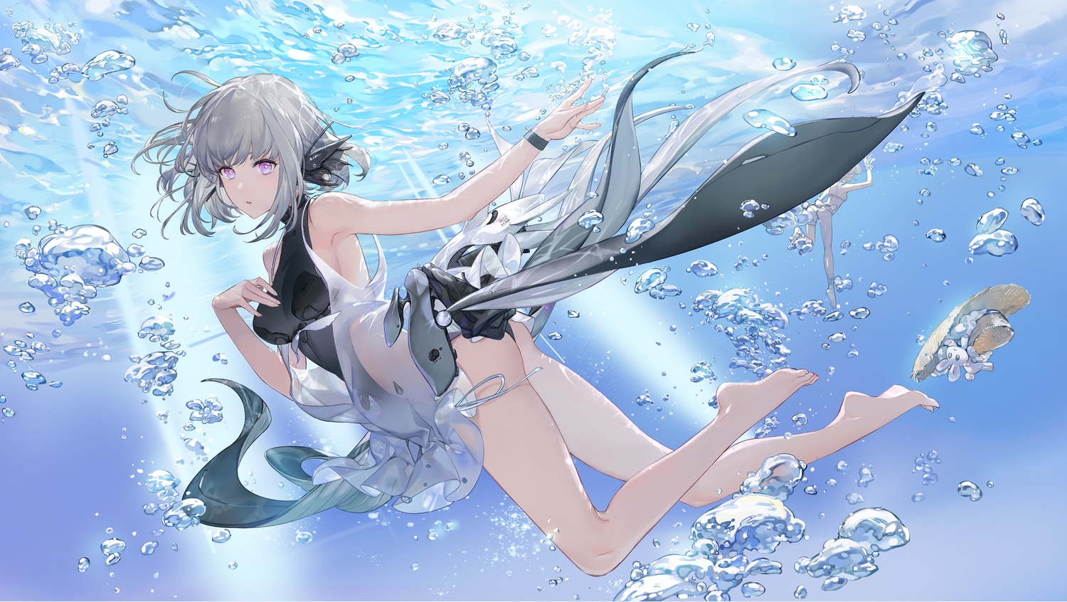 liv_(pgr), noir_(ibaraki), punishing:_gray_raven, see_through, short_hair, techgirl, underwater, water