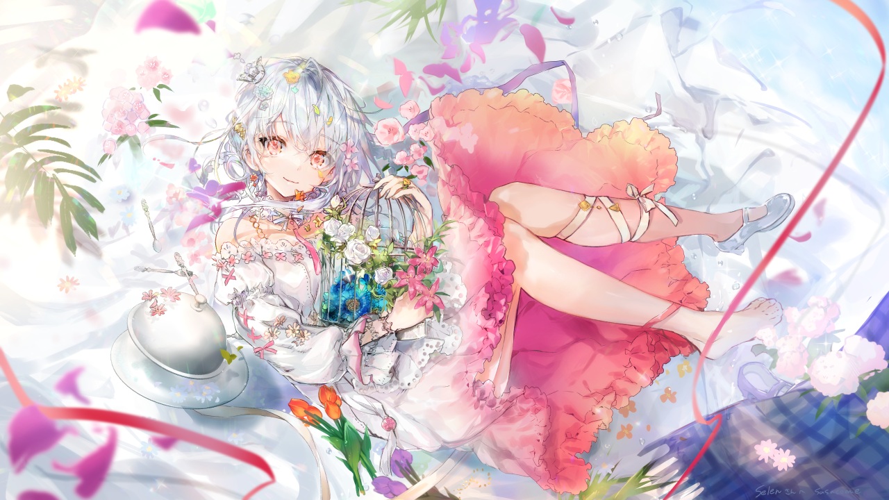 aliasing, cage, dress, flowers, gray_hair, nekojita_(ika_neko46), original, petals, ribbons, signed