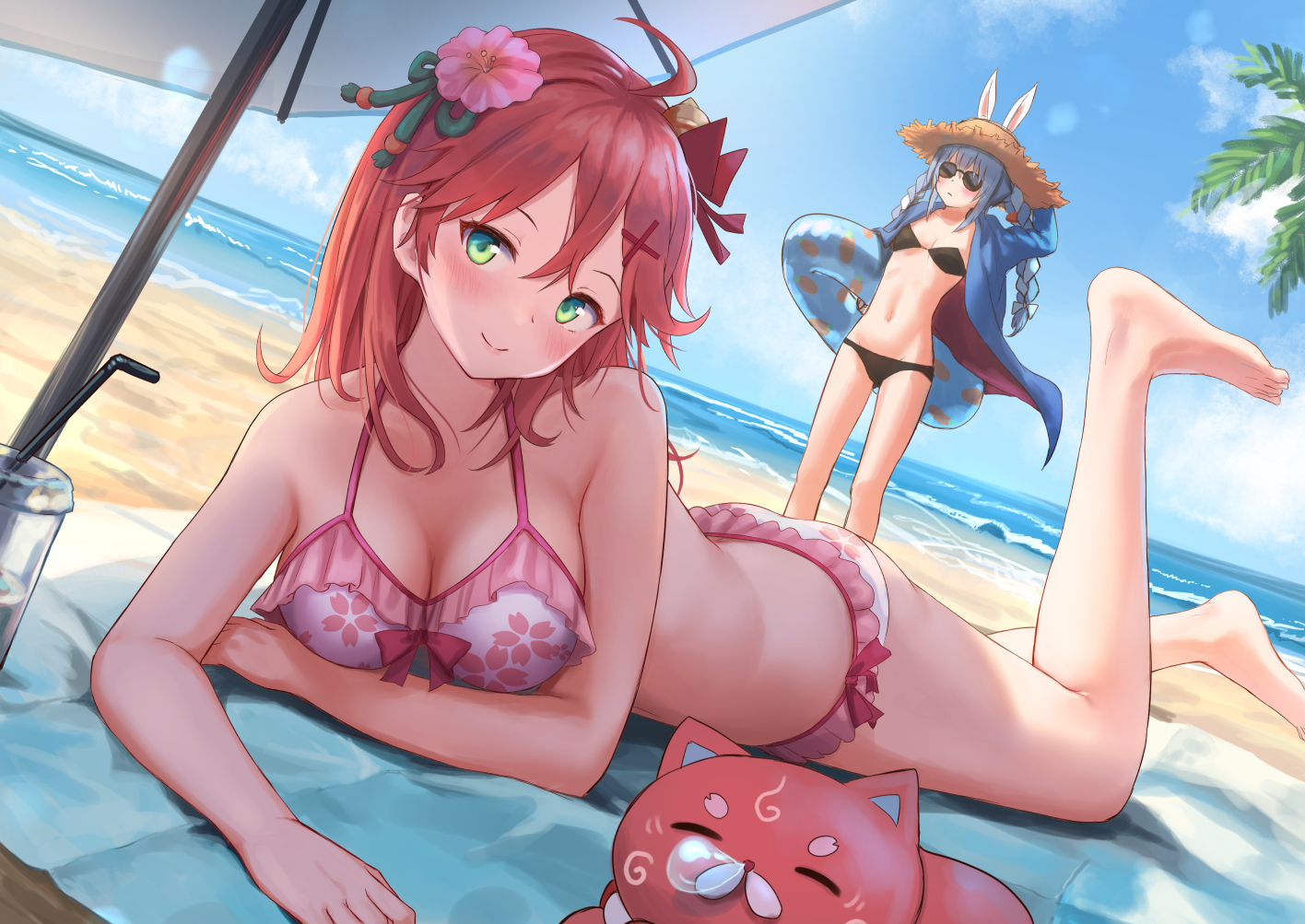 2girls, animal, animal_ears, beach, bikini, blush, breasts, bunny_ears, bunnygirl, cat, cleavage, clouds, drink, flowers, green_eyes, hat, hololive, long_hair, red_hair, roke_(taikodon), sakura_miko, shade, sky, sunglasses, swim_ring, swimsuit, usada_pekora, water