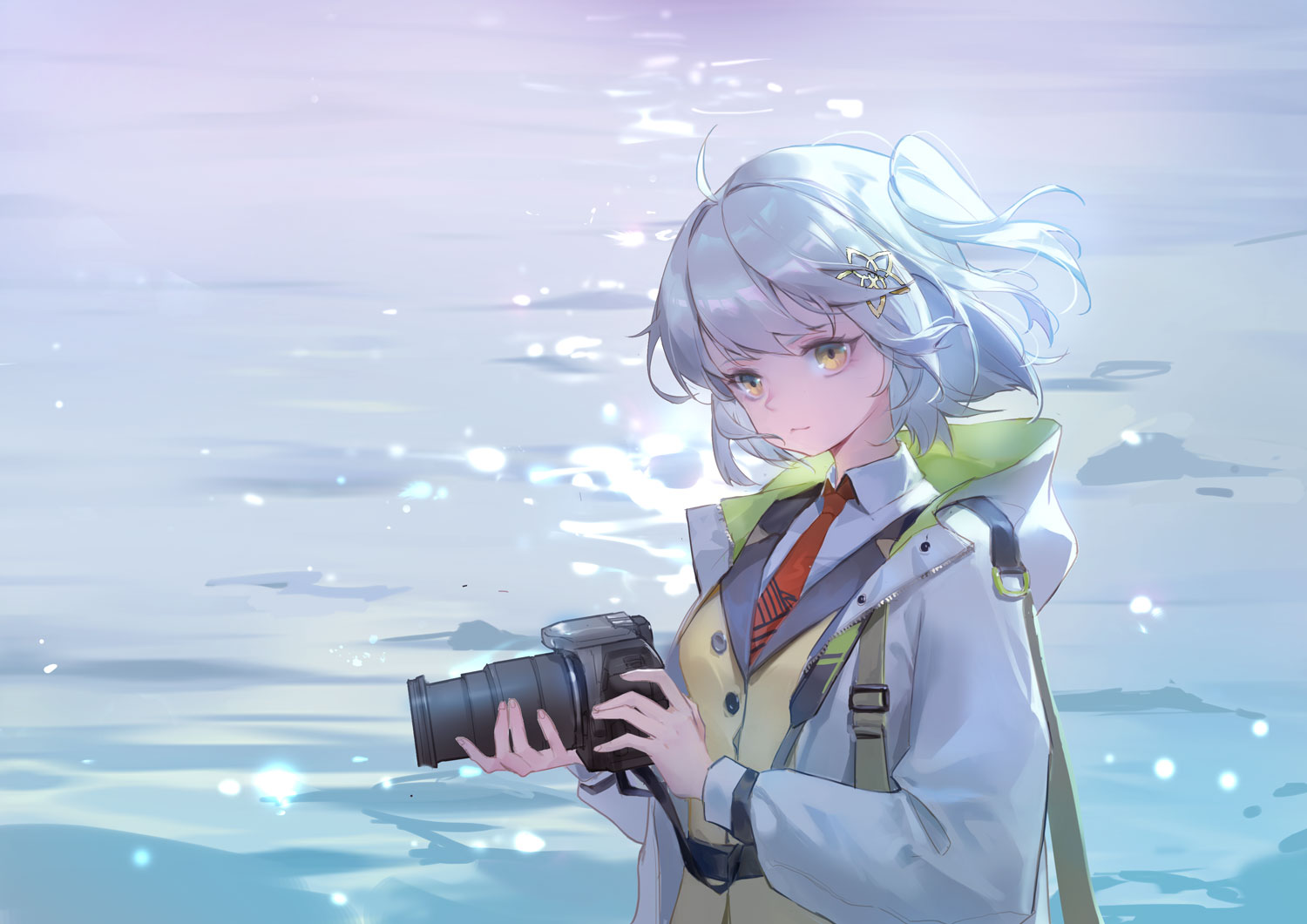arknights, blue_hair, brown_eyes, camera, hood, jpeg_artifacts, kurasamerukia, scene_(arknights)