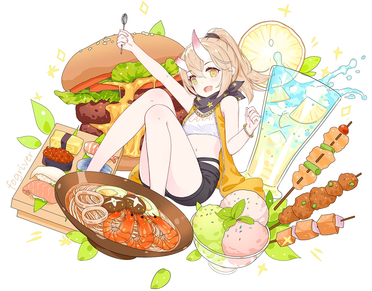 brown_hair, drink, flat_chest, fogriver, food, fruit, honkai_impact, honkai_(series), ice_cream, leaves, necklace, ponytail, scarf, shorts, tagme_(character), watermark, white, wristwear, yellow_eyes