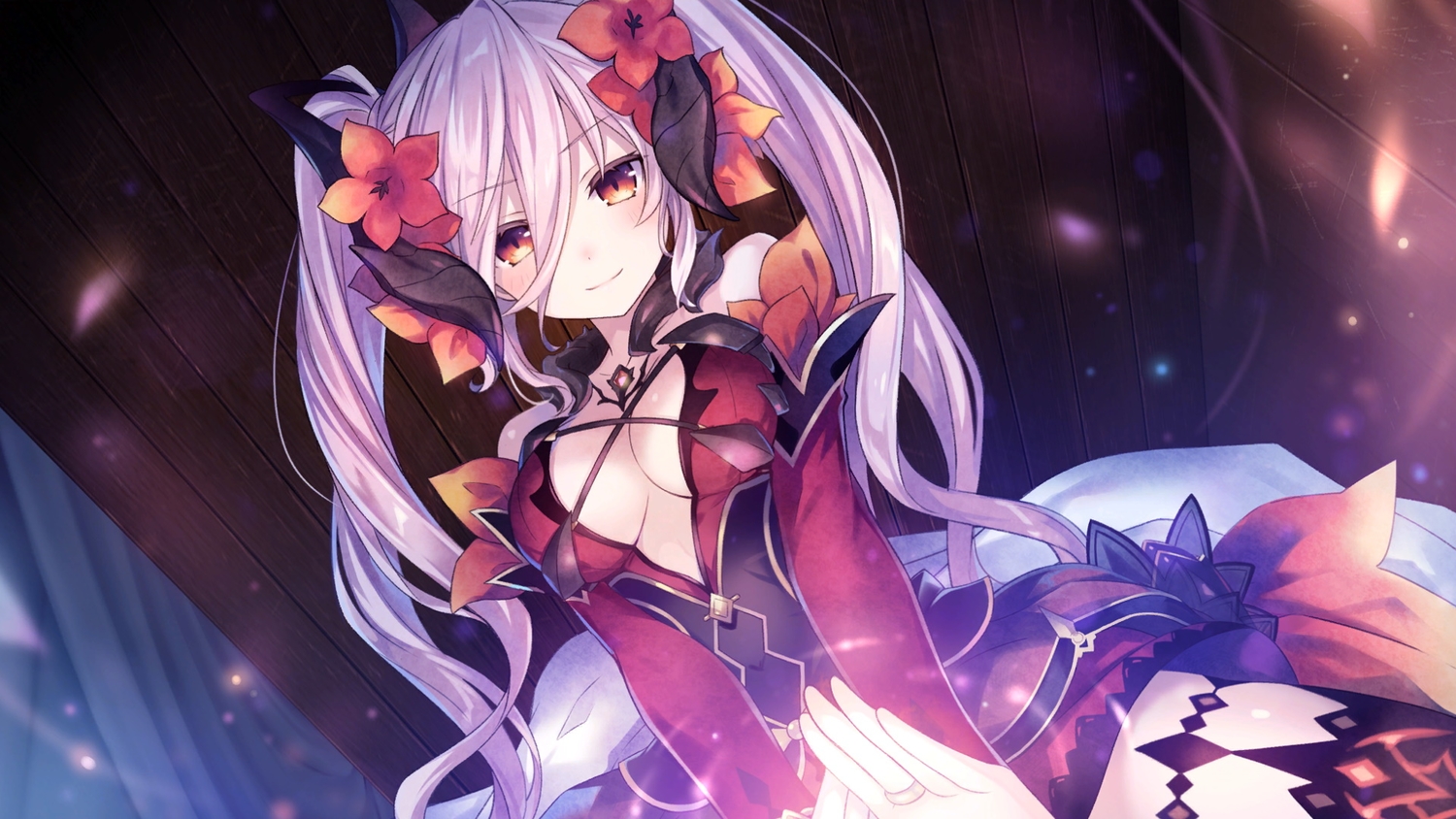 breasts, charlotta_(dragon_star_varnir), cleavage, compile_heart, dragon_star_varnir, dress, flowers, thighhighs
