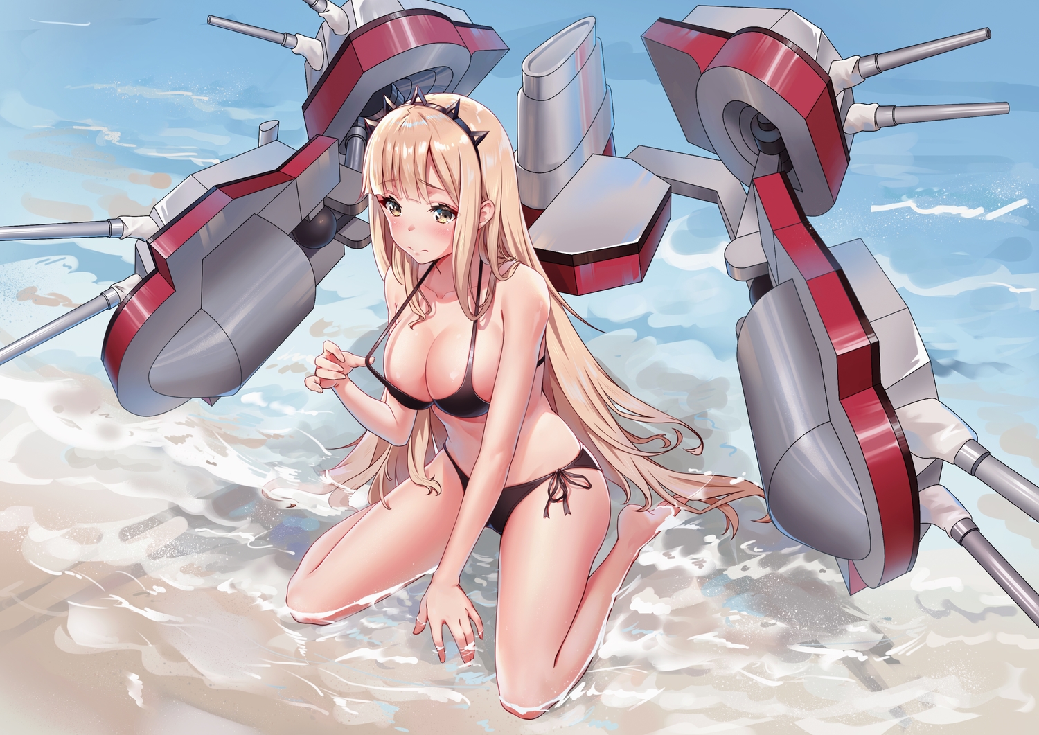 anthropomorphism, bikini, blonde_hair, blue_oath, breasts, cameltoe, cleavage, hood_(blue_oath), long_hair, mechagirl, omohiro, swimsuit, water