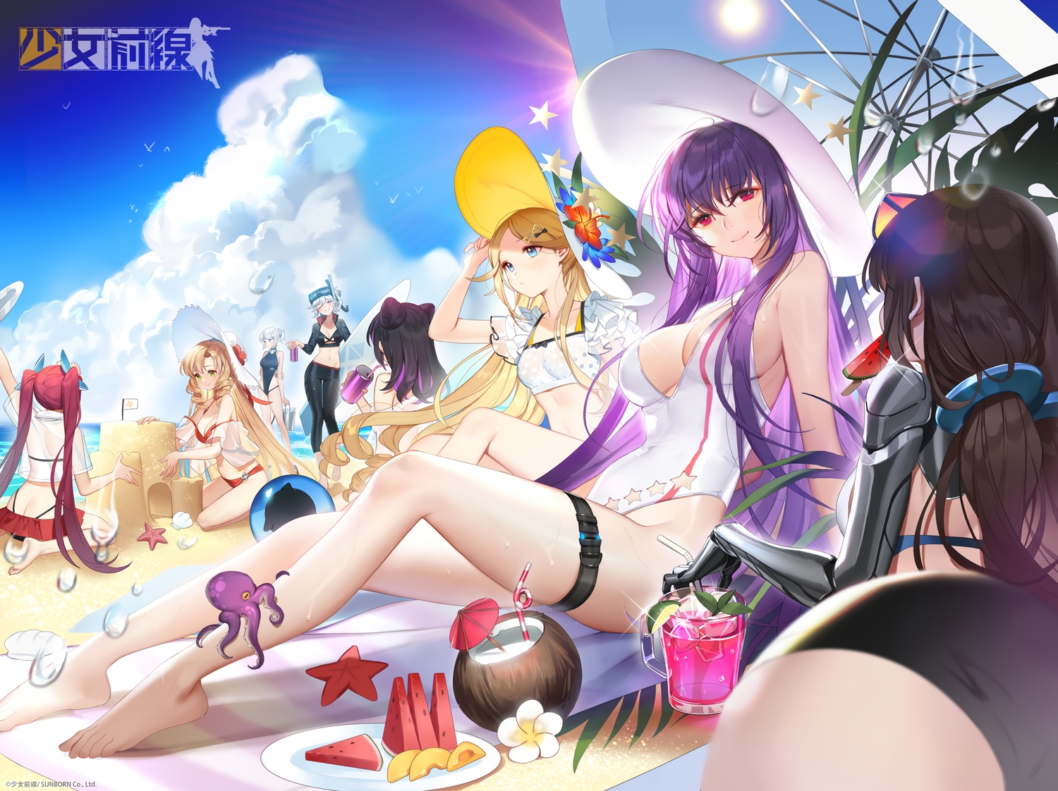 ak-5_(girls_frontline), anthropomorphism, ass, astra_revolver_(girls_frontline), barefoot, beach, bikini, clouds, drink, fn-49_(girls_frontline), food, fruit, girls_frontline, group, js-9_(girls_frontline), kac-pdw_(girls_frontline), logo, long_hair, pp-19_(girls_frontline), sky, sl8_(girls_frontline), swimsuit, tagme_(artist), watermelon, zb-26_(girls_frontline)