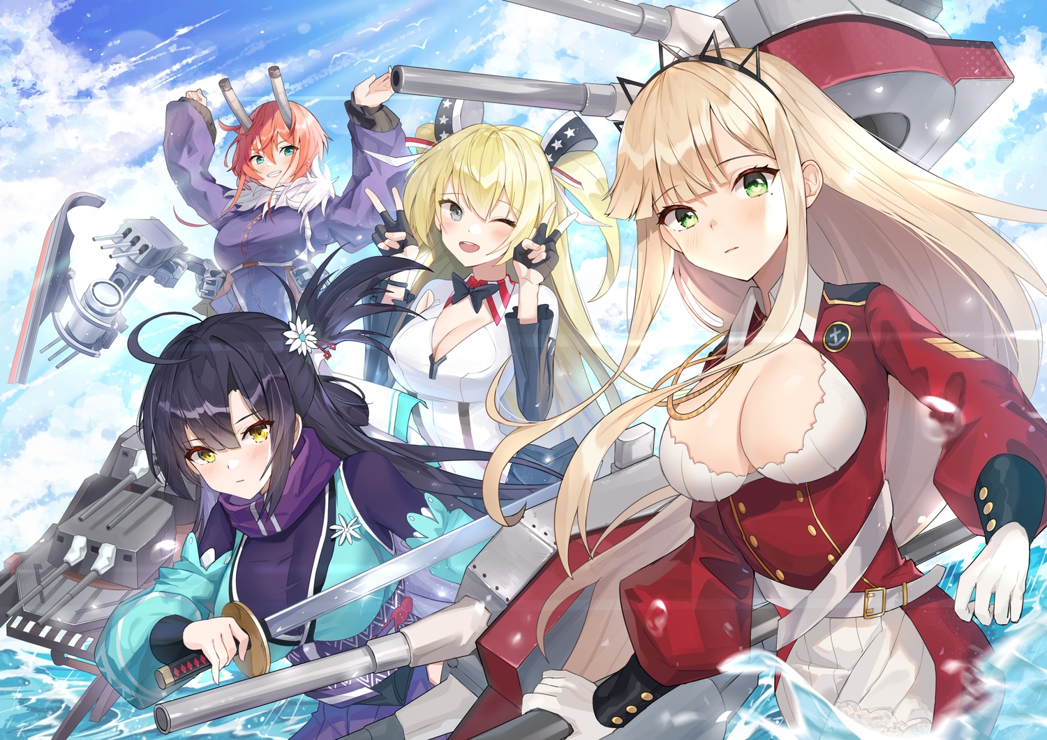 anthropomorphism, blue_oath, breasts, cleavage, cleveland_(blue_oath), dopoing, group, hood_(blue_oath), katana, long_hair, mechagirl, sword, tagme_(character), water, weapon