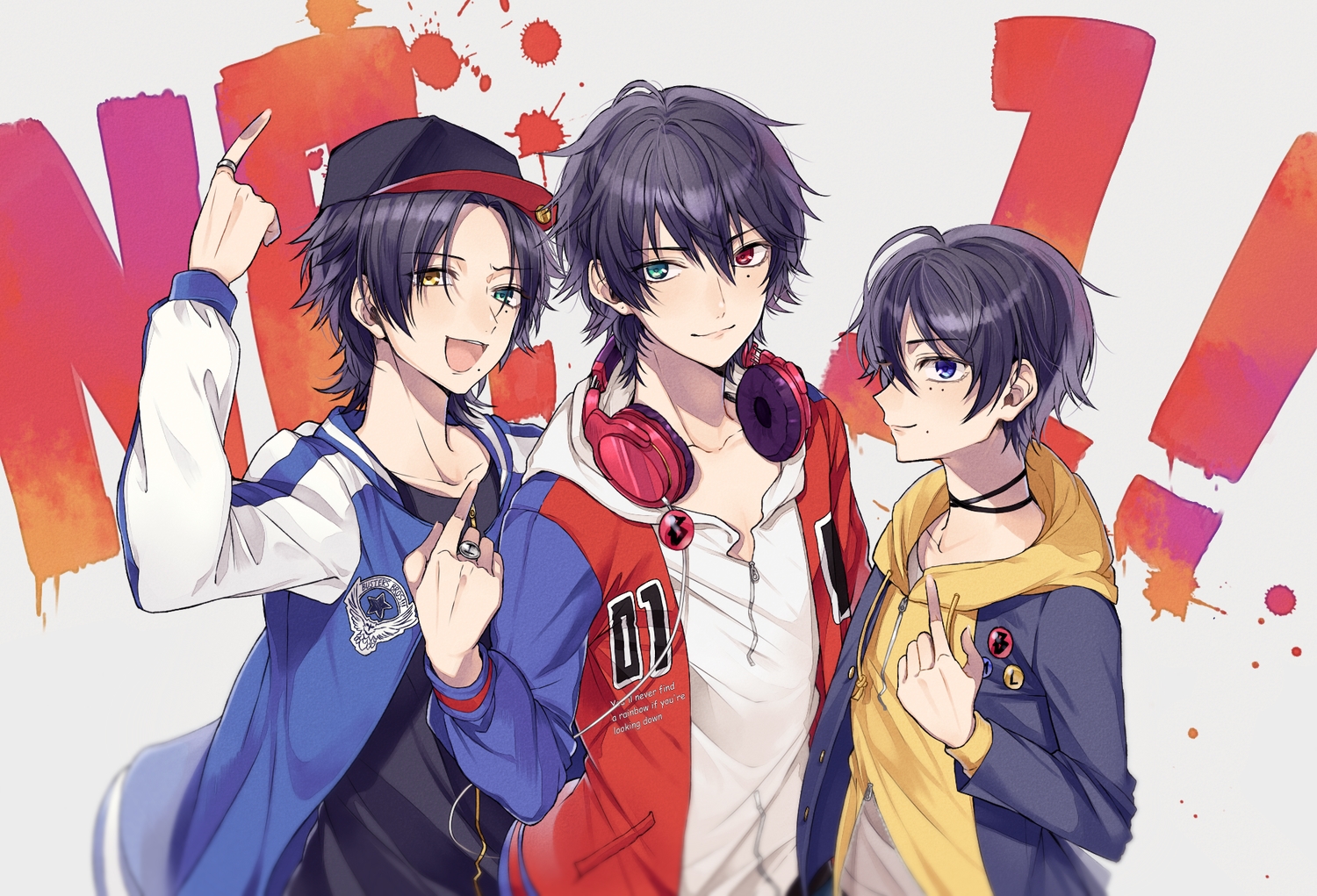 all_male, bicolored_eyes, black_hair, chisumi, hat, headphones, hood, hypnosis_mic, male, short_hair, yamada_ichiro, yamada_jiro, yamada_saburo