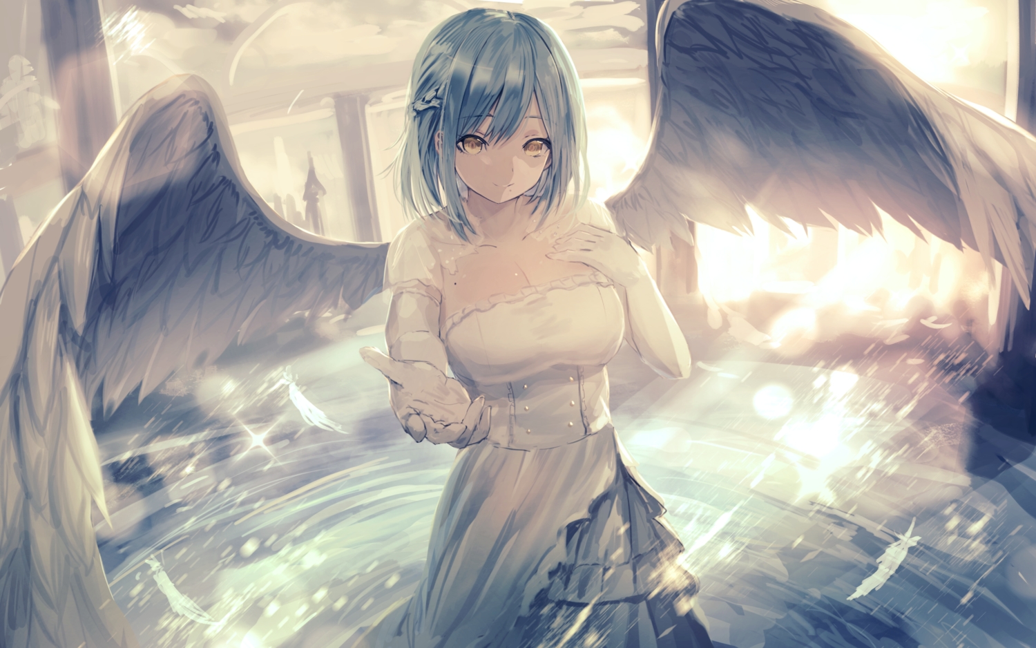blue_hair, braids, breasts, cleavage, dress, elbow_gloves, feathers, gloves