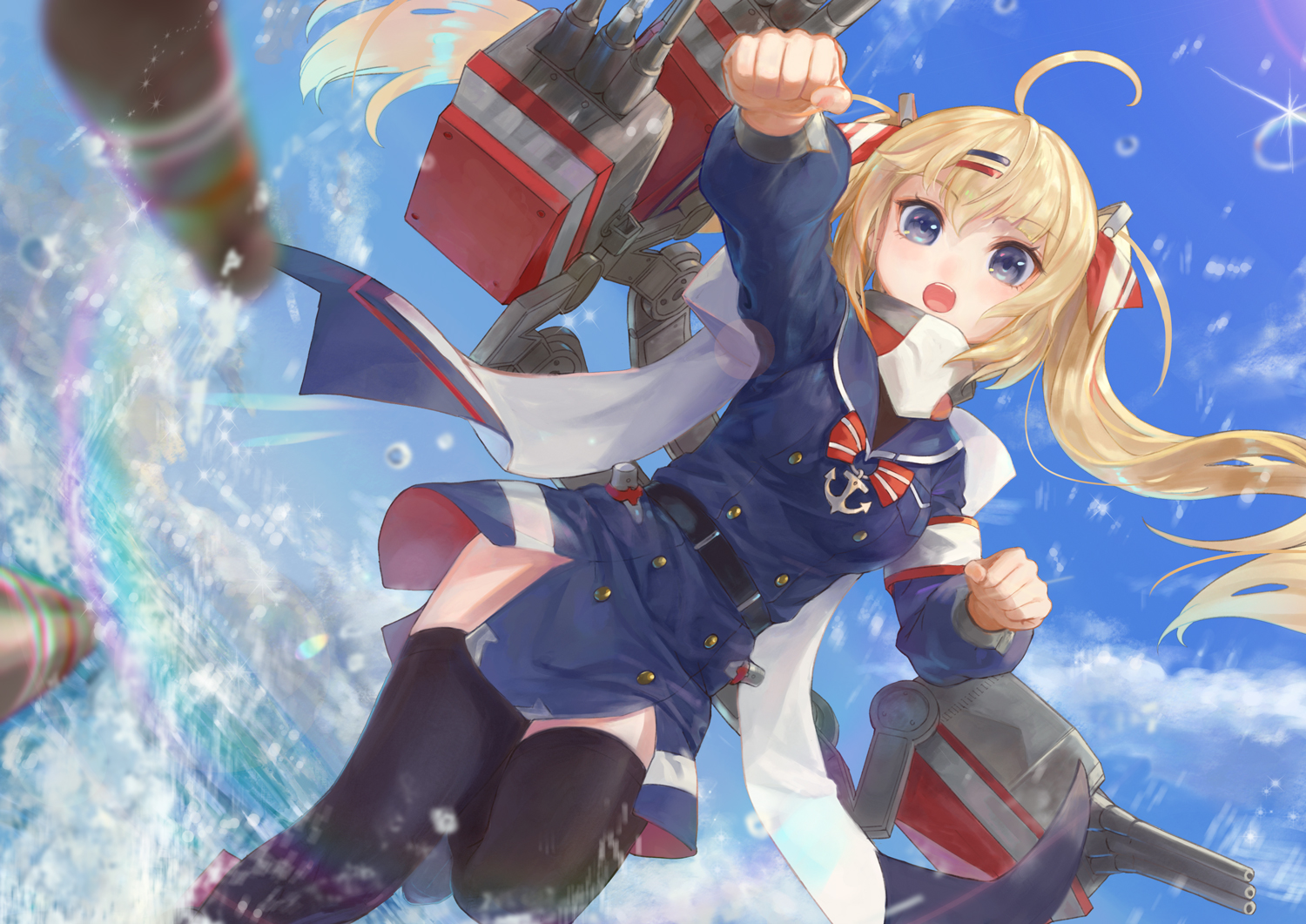 anthropomorphism, blonde_hair, blue_eyes, blue_oath, bow, clouds, dress, gun