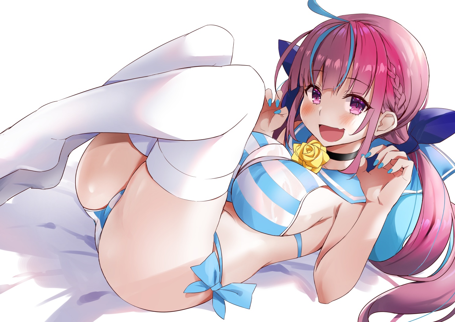 bikini, blush, breasts, flowers, gesugesu_ahoaho, hololive, long_hair, minato_aqua, purple_eyes, purple_hair, summer, swimsuit, thighhighs, twintails