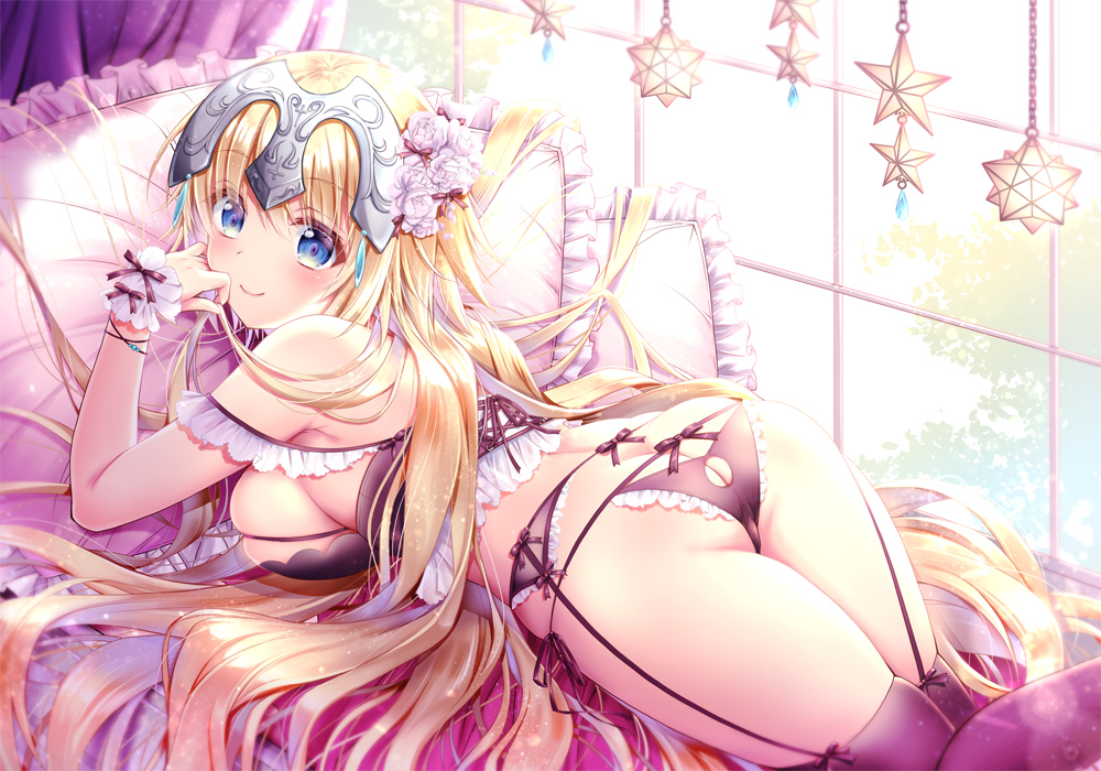 ass, bed, blonde_hair, blue_eyes, breasts, fate/grand_order, fate_(series), garter_belt, geko_ohoshisama, headdress, jeanne_d'arc_(fate), long_hair, stockings