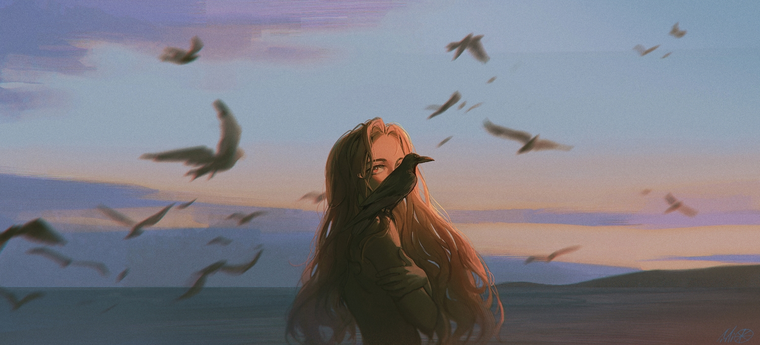 alzi_xiaomi, animal, bird, blonde_hair, clouds, long_hair, nude, original