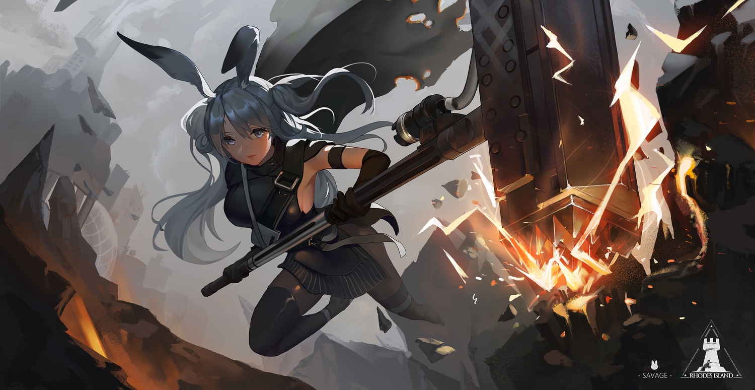 animal_ears, arknights, bunny_ears, bunnygirl, cape, erosiscon, gray_hair, long_hair, savage_(arknights), thighhighs, weapon