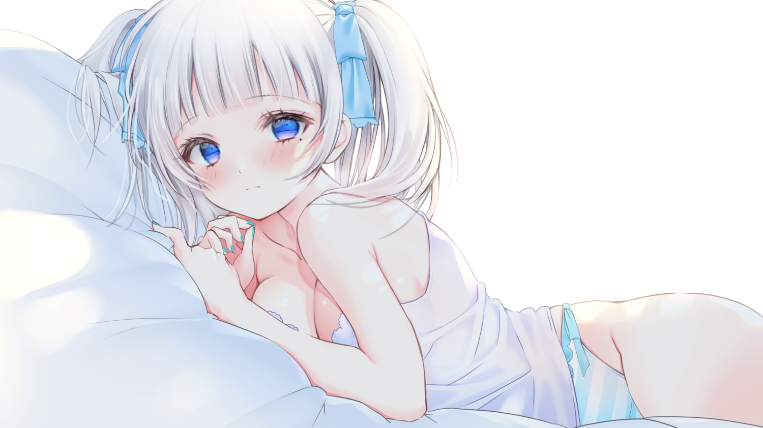 aqua_eyes, breasts, cleavage, long_hair, original, panties, polychromatic, striped_panties, twintails, underwear, white_hair, yoruhoshi_owl