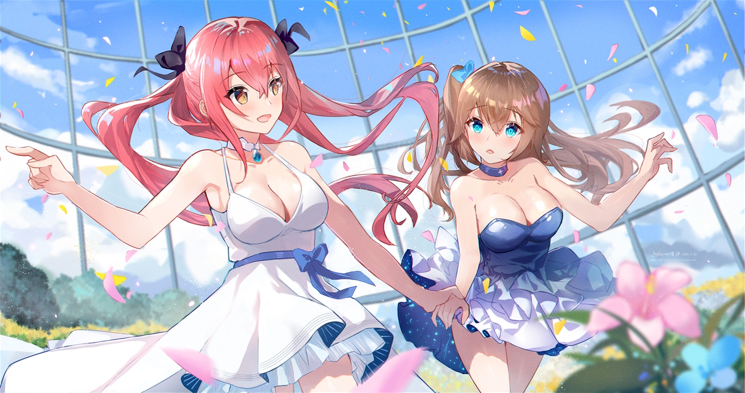 2girls, aqua_eyes, breasts, cleavage, clouds, dress, flowers, original