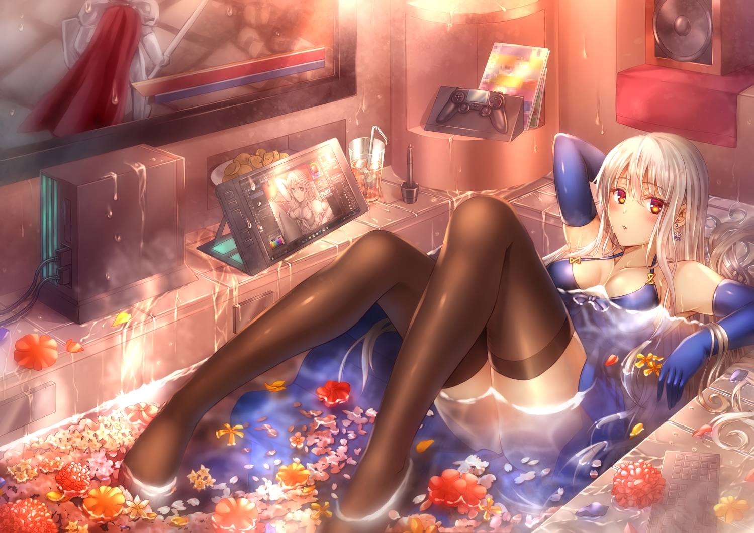 bath, bathtub, computer, dress, drink, elbow_gloves, flowers, gloves, long_hair, original, thighhighs, water, white_hair, zhou_yu_(van)